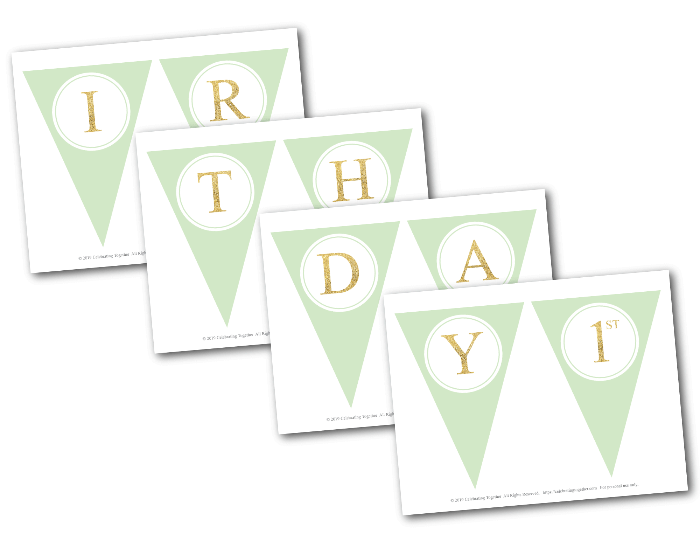 printable birthday party banner - mint and gold glitter pennant banner template - Celebrating Together