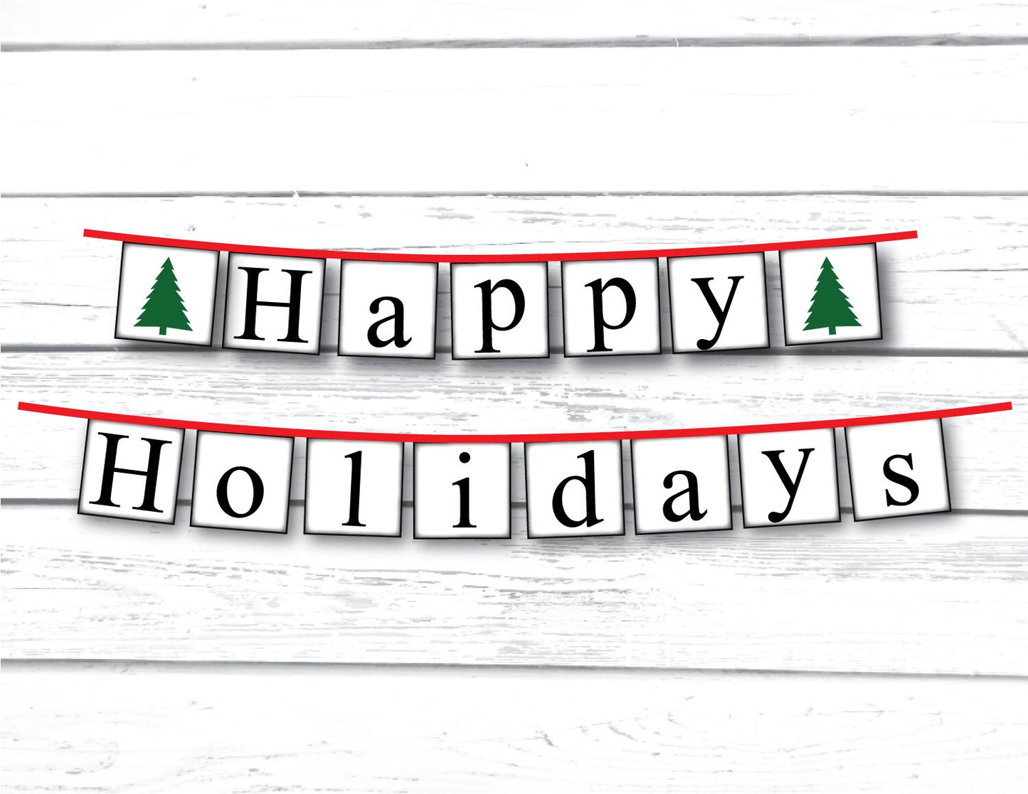 Happy Holidays Banner, evergreen tree holiday decorations, fireplace holiday decor, Christmas mantel bunting, Merry Christmas garland