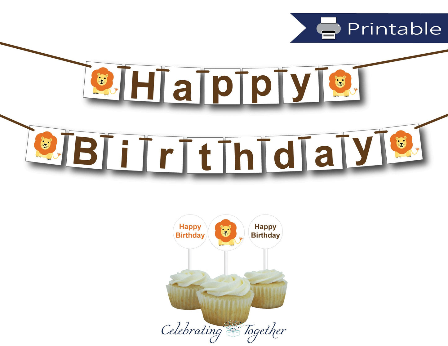 zoo happy birthday banner and cupcake topper set - Celebrating Together