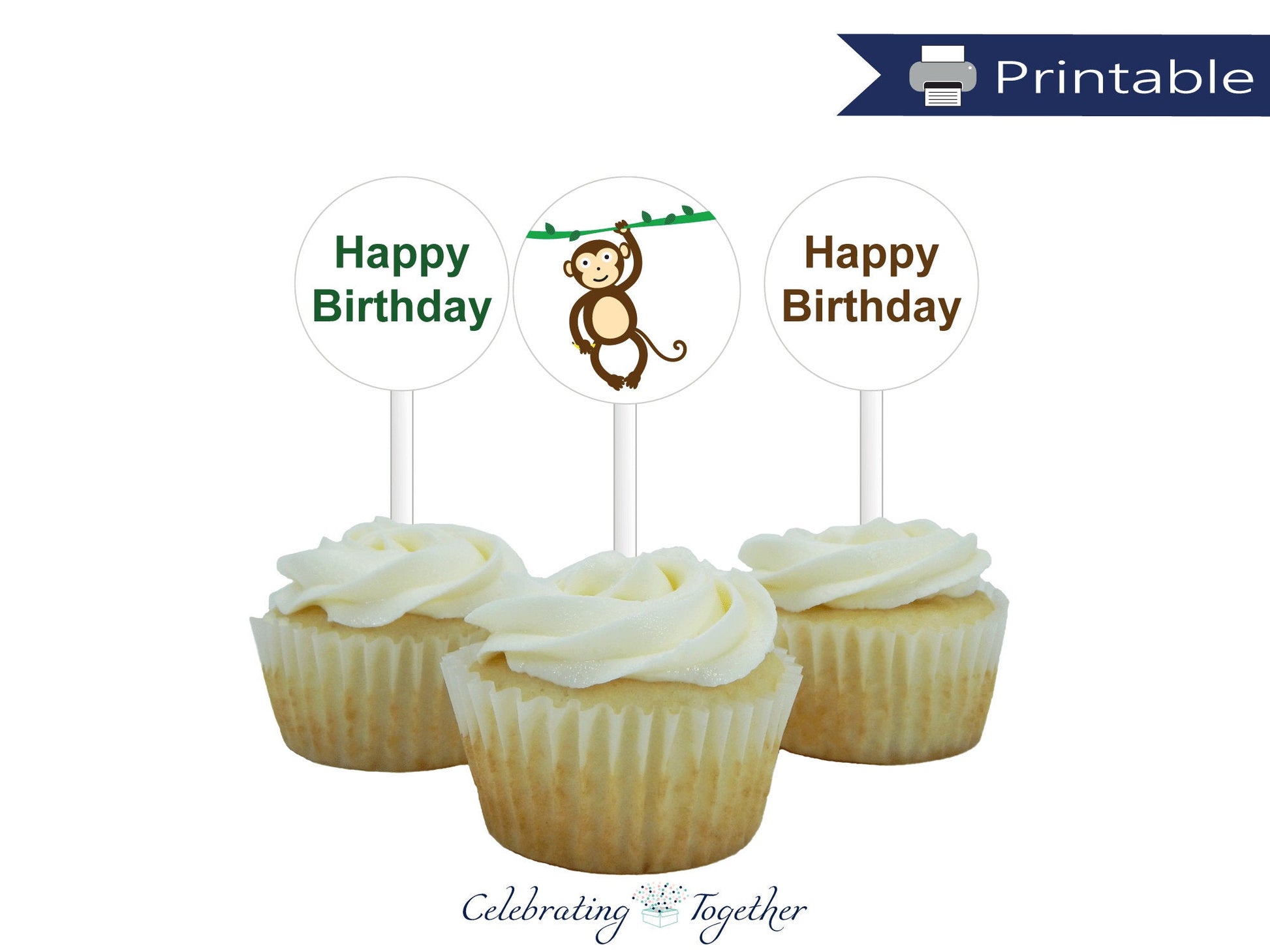 printable monkey birthday cupcake toppers - Celebrating Together