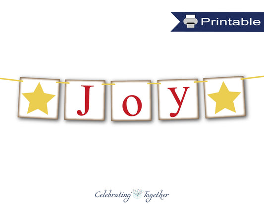 PRINTABLE joy banner with gold stars, instant download living room mantel garland, rustic joy to the world holiday fireplace decor