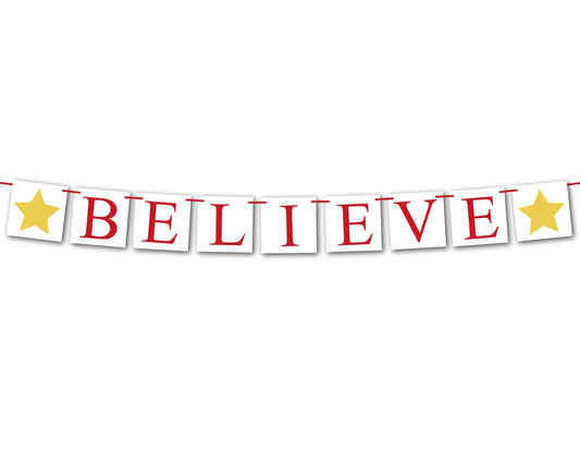 Believe Banner, red and gold Christmas sign, fireplace mantel holiday decorations, hearth Christmas garland, do you believe decor