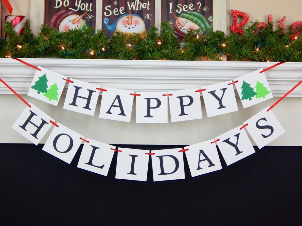 Happy Holidays Banner, Christmas banner, holiday decorations, evergreen tree banner, seasons greeting mantel garland, christmas tree bunting