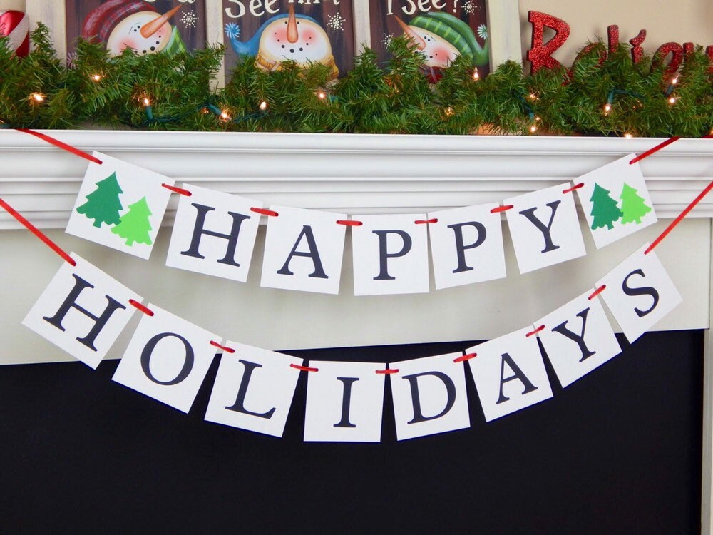 Happy Holidays Banner, Christmas banner, holiday decorations, evergreen tree banner, seasons greeting mantel garland, christmas tree bunting