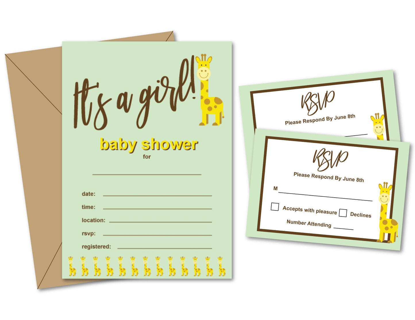 Printable It's A Girl Giraffe Baby Shower Invitation And RSVP Card Bundle