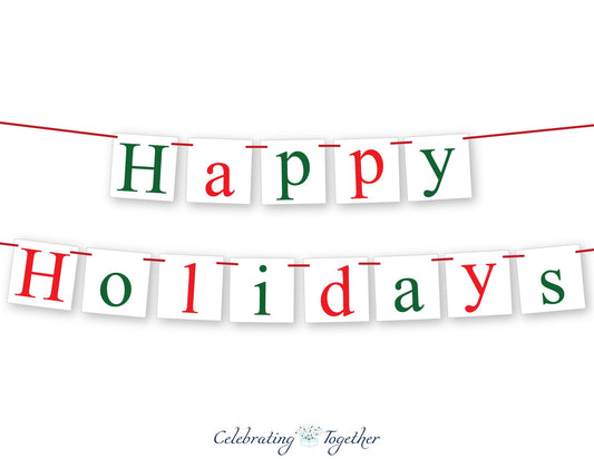 Happy Holidays Banner, red and green holiday decorations, fireplace mantel holiday decor, Christmas sign bunting, Merry Christmas garland