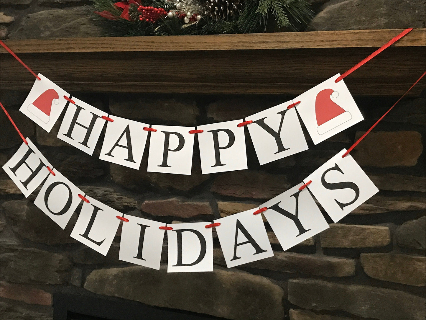 Happy Holidays Banner, Santa hat Christmas decorations, living room holiday decor, fireplace mantel bunting, red Merry Christmas garland