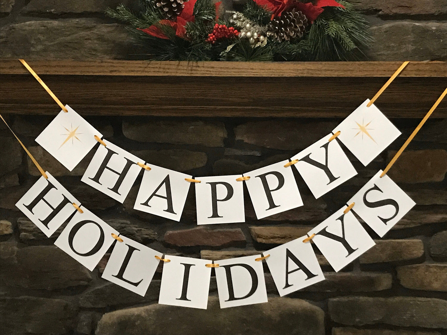 Happy Holidays Banner, Gold North Star Christmas decorations, living room holiday decor, fireplace mantel bunting, Merry Christmas garland