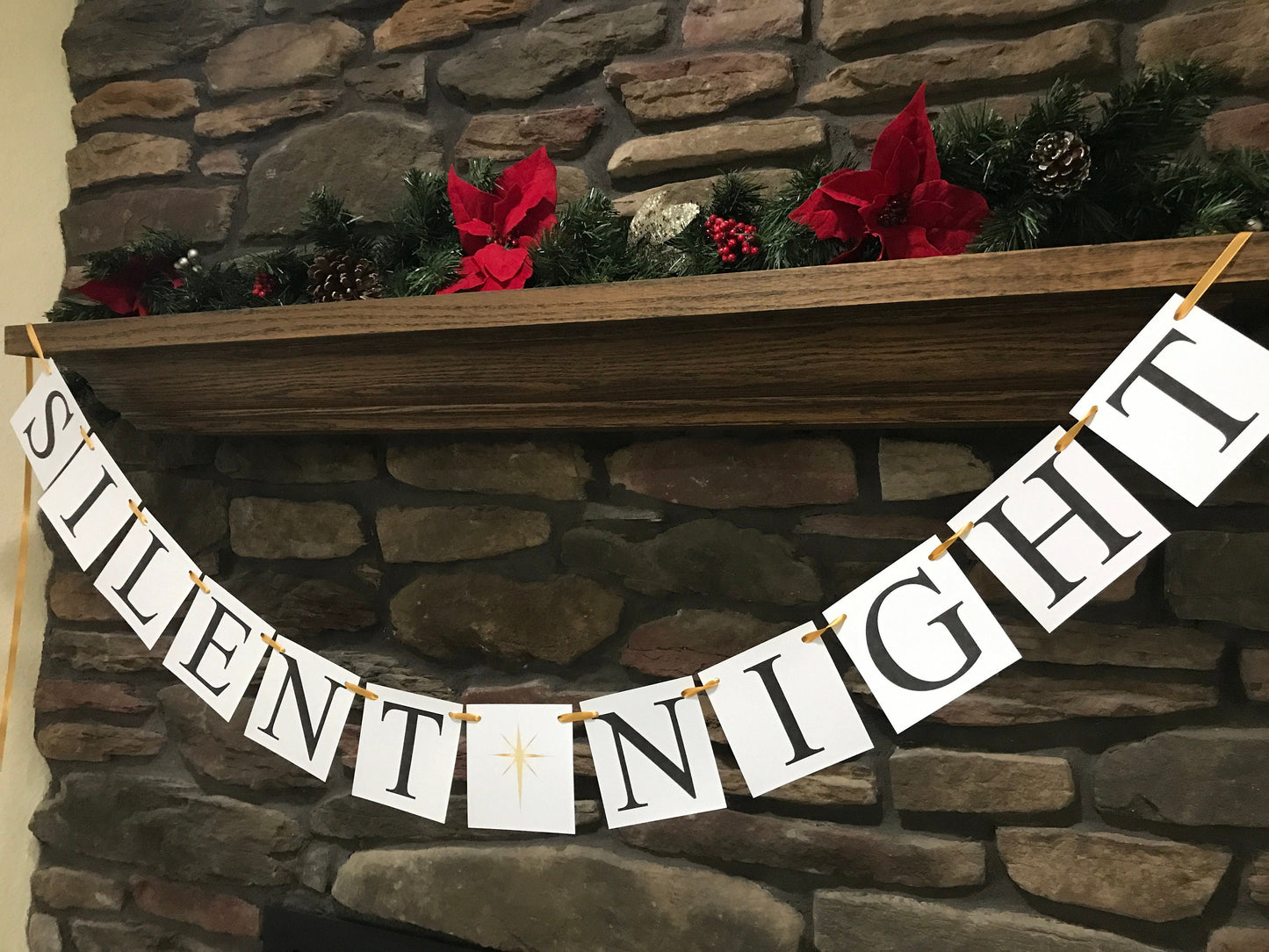 Silent night Banner, Gold North Star Christmas decorations, living room holiday decor, fireplace mantel bunting, Christmas carol garland