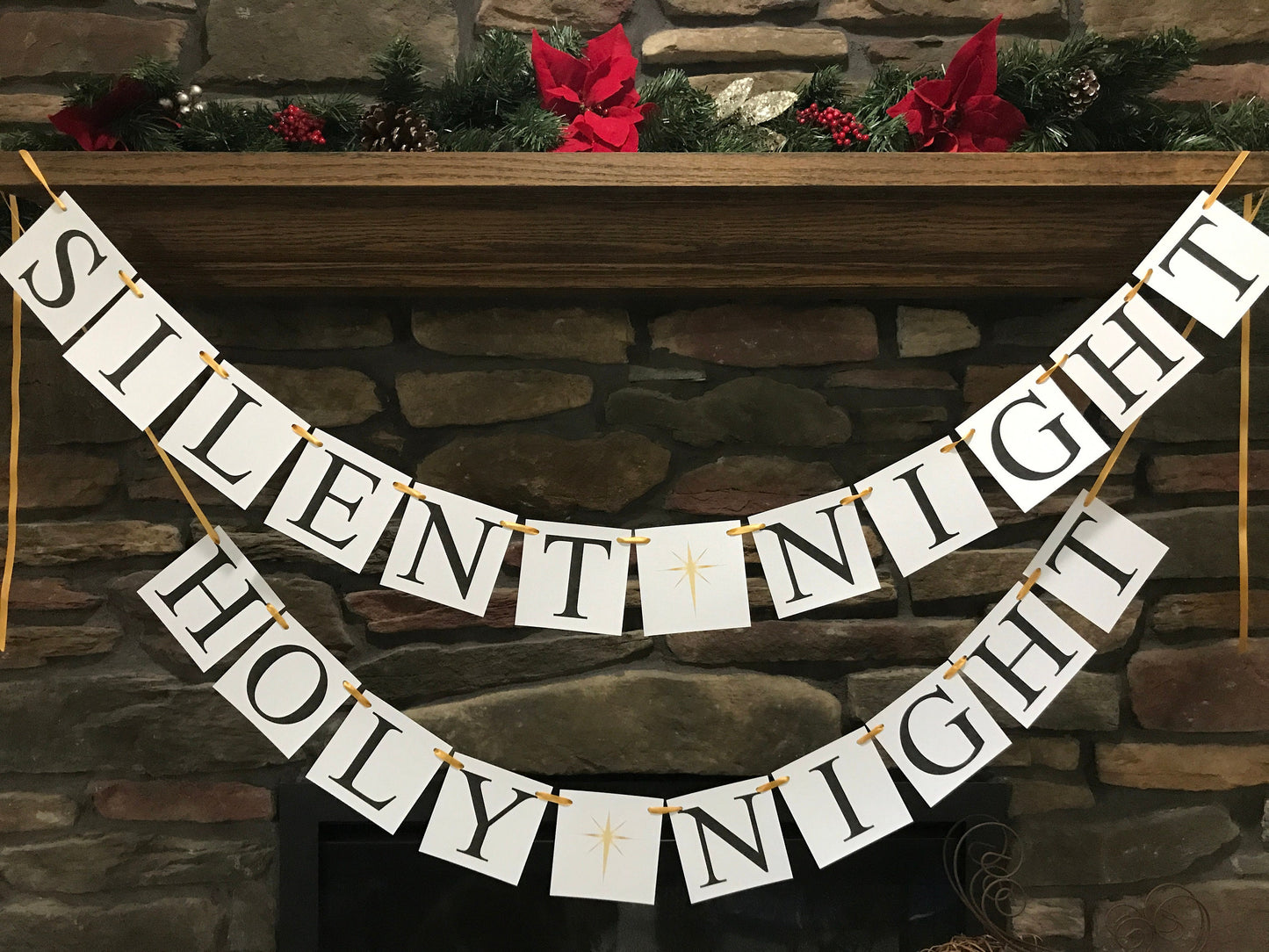 Silent night holy night Banner, North Star Christmas decorations, living room holiday fireplace mantel bunting, Christmas carol garland