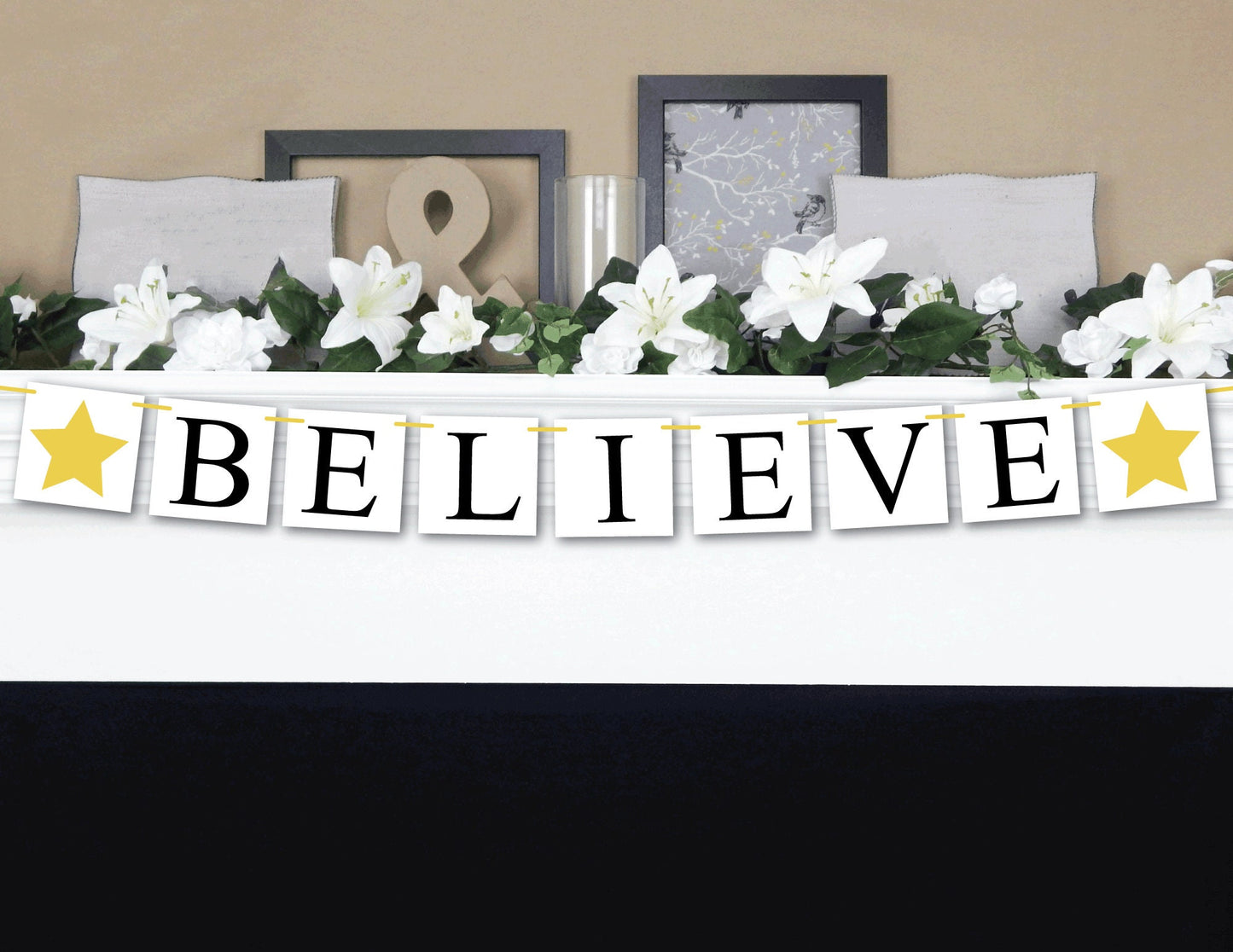 Believe Banner, black and gold Christmas sign, fireplace mantel holiday decorations, hearth Christmas garland, do you believe decor