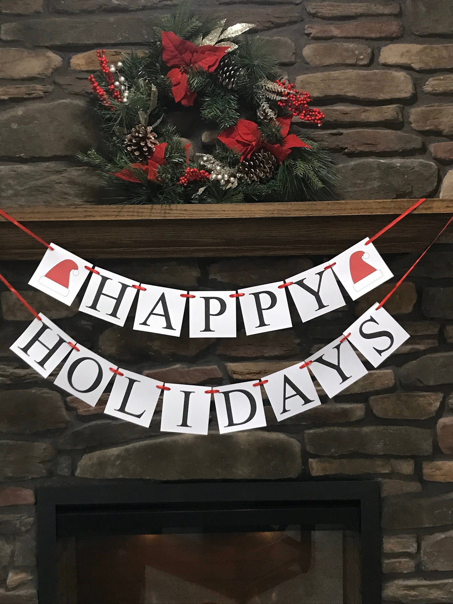 Happy Holidays Banner, Santa hat Christmas decorations, living room holiday decor, fireplace mantel bunting, red Merry Christmas garland