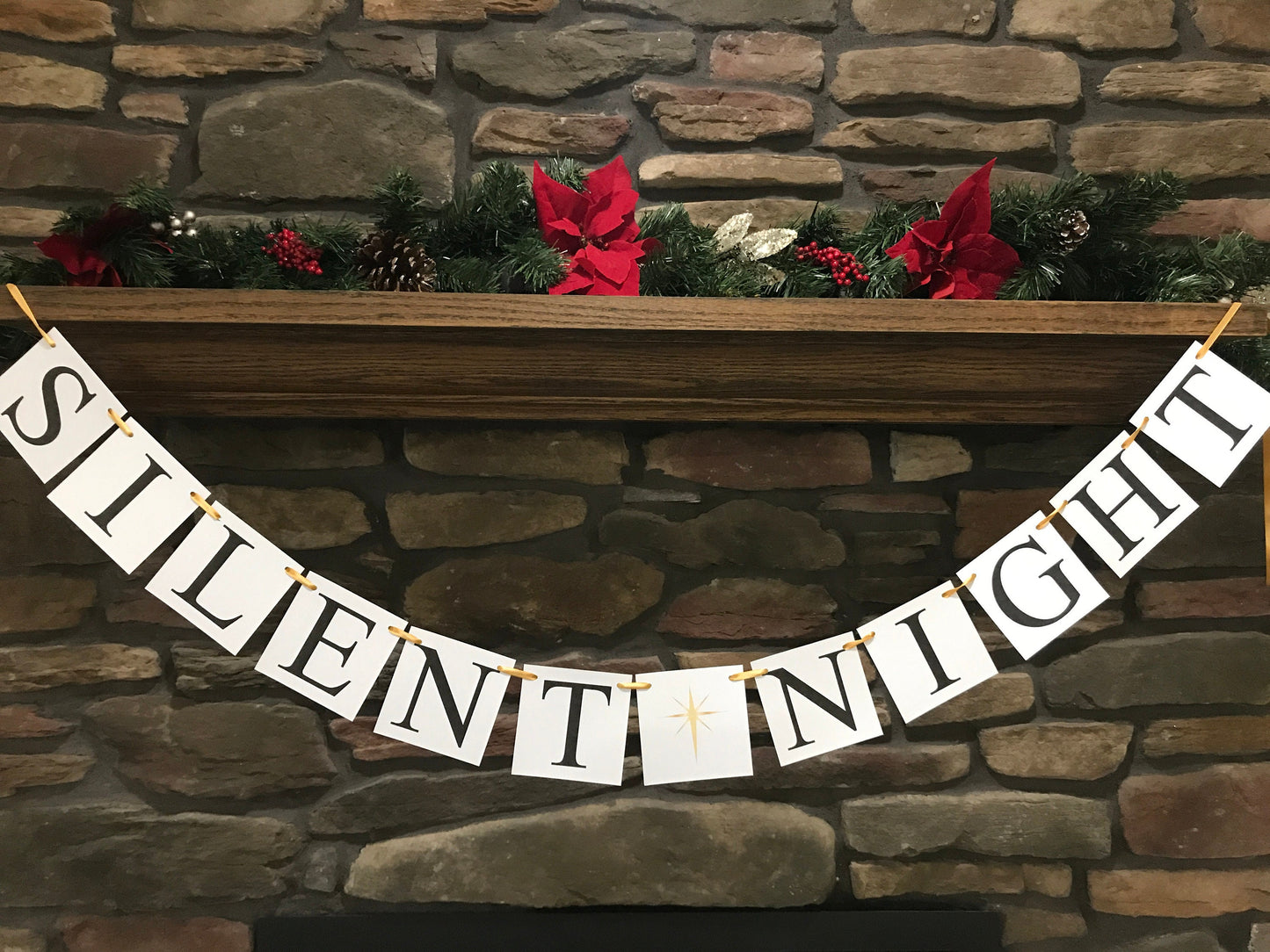 Silent night Banner, Gold North Star Christmas decorations, living room holiday decor, fireplace mantel bunting, Christmas carol garland