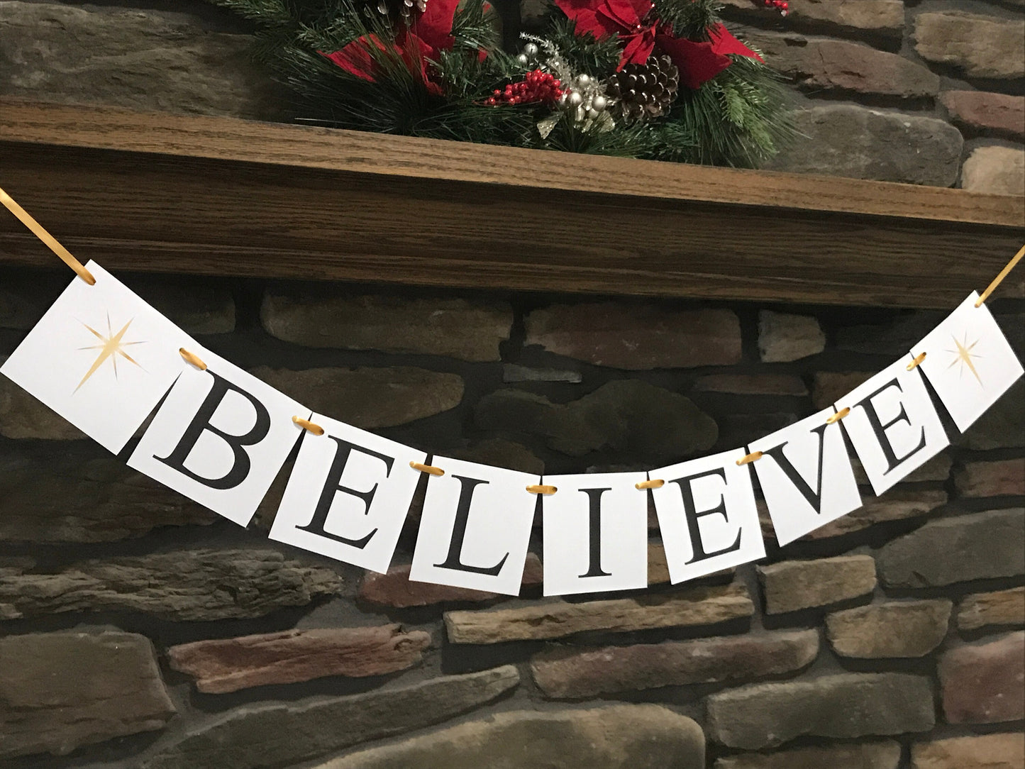 Believe sign, Christmas decorations, fireplace mantel holiday decor, Christmas garland, believe banner gold north star Christmas decor