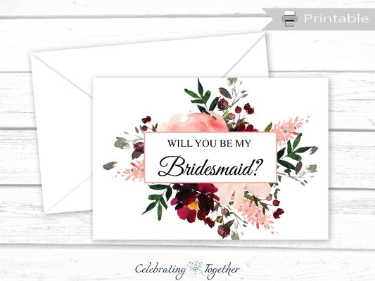 Printable Coral Watercolor Flower Will You Be My Bridesmaid Card