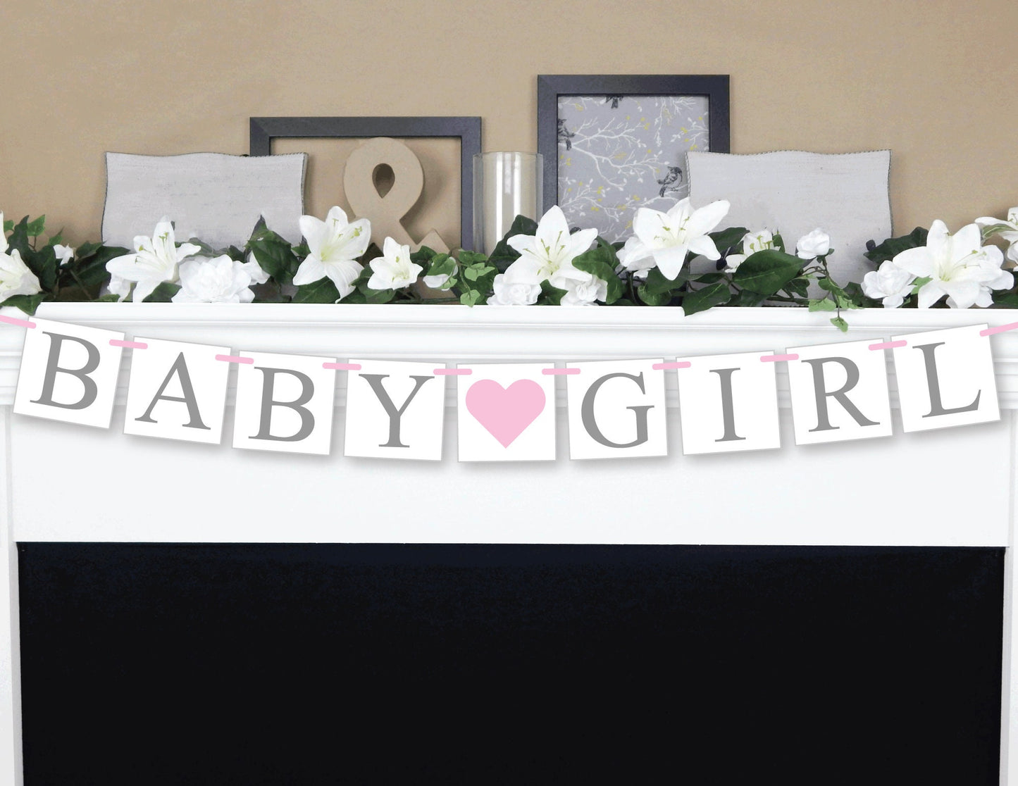 Baby Girl Banner - Gray/Pink Heart