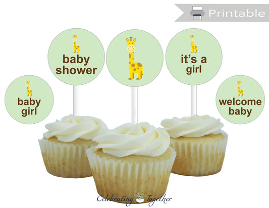 Printable Girls Giraffe Baby Shower Cupcake Toppers