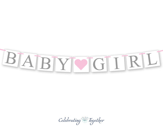 Baby Girl Banner - Gray/Pink Heart