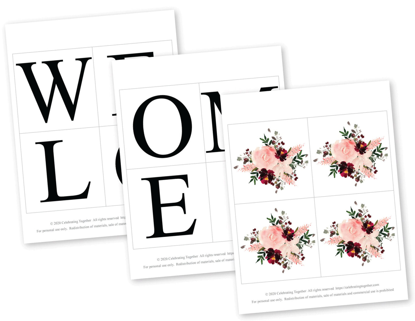 Printable Welcome Banner - Coral and Maroon Watercolor Flower