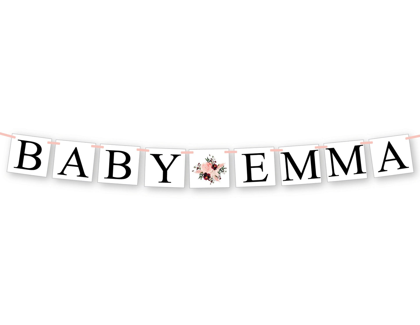 baby name banner, coral and maroon watercolor flower baby shower decorations, floral girl baby shower banner, its a girl gender reveal ideas