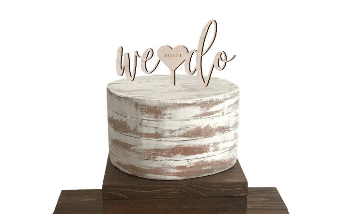 we do wedding cake topper with engraved wedding date - Rustic wood wedding decorations 