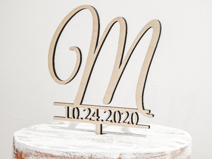 monogram cake topper with date - wooden cake decorations 