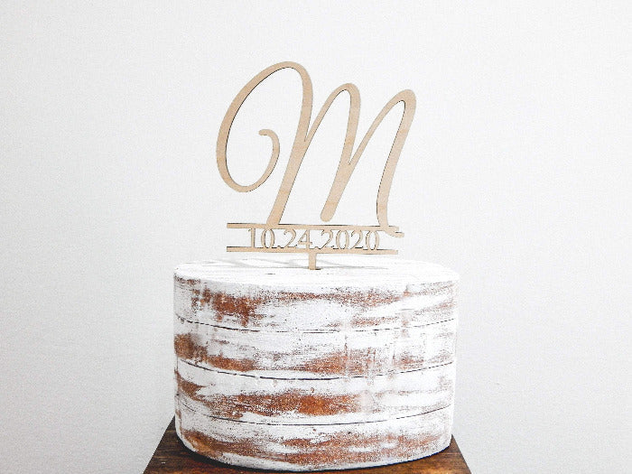 wooden wedding cake topper - monogram with wedding date decor 