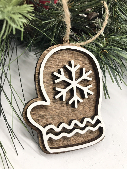mitten ornament - wooden glove and snowflake Christmas ornament 
