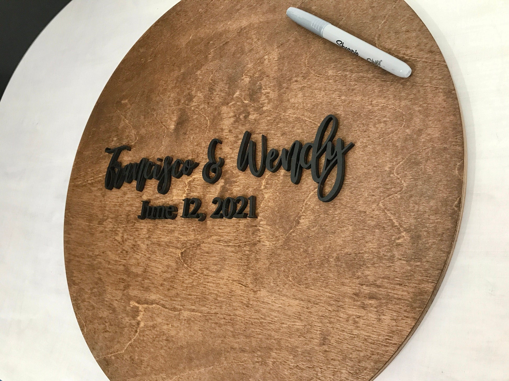 wood wedding sign with name and date 
