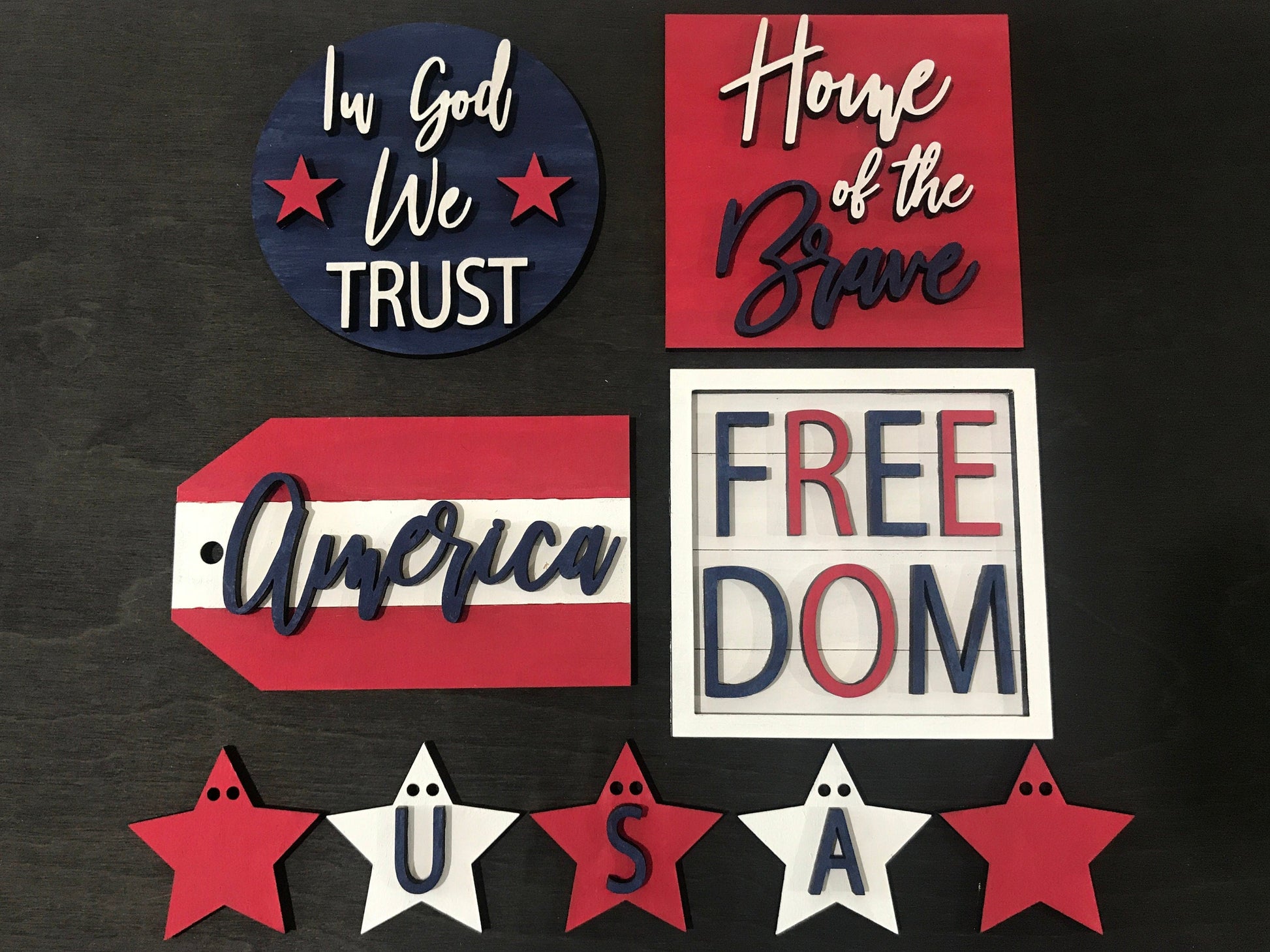 in god we trust - america tag - freedom - usa - star banner - tiered tray mini signs