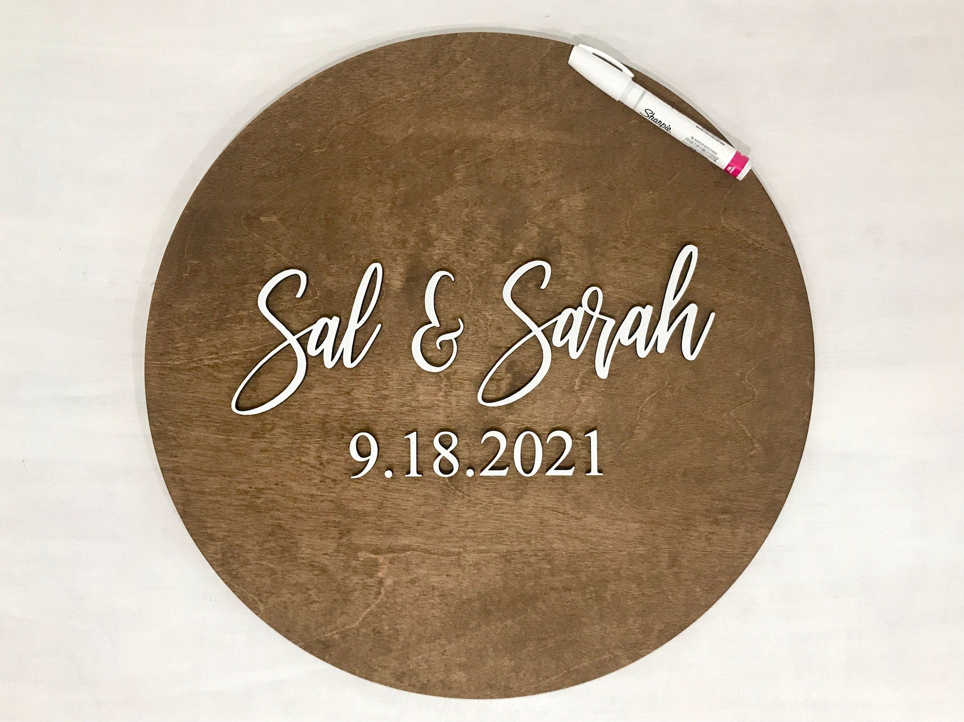 round wedding guest book alternative sign wiht 3d lettering for names and date - rustic wedding welcome sign