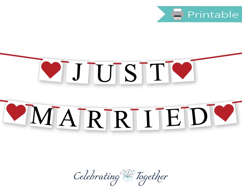 Printable Just Married Banner - Red Hearts