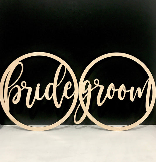 bride and groom round chair back signs