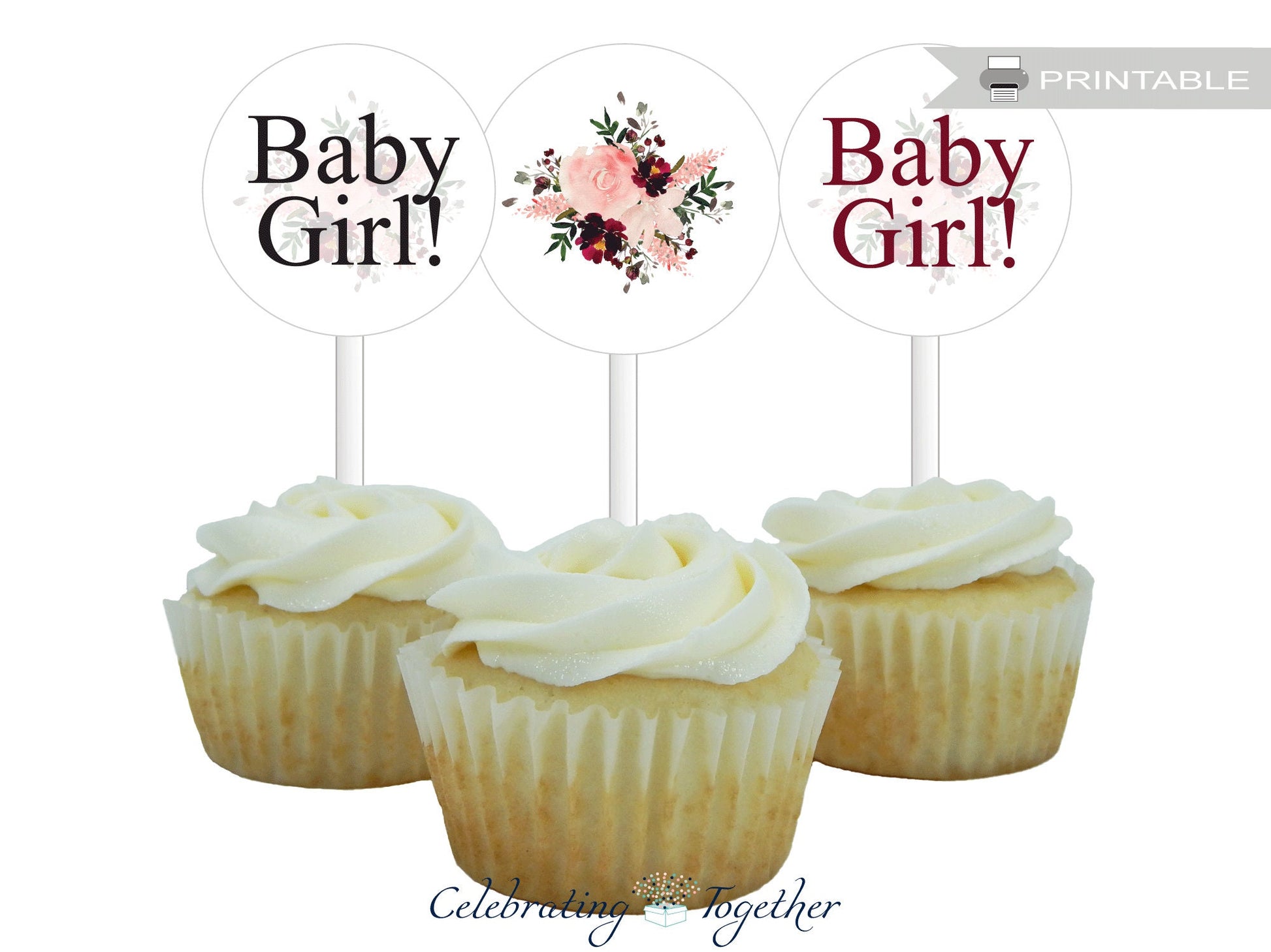 Printable baby girl cupcake toppers - floral cupcake toppers