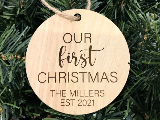 our first christmas ornament with personalized name and established date 