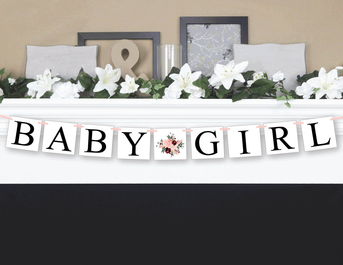 Baby Girl Banner - Coral and Maroon Watercolor Flower