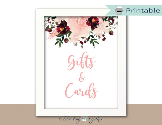 Printable Cards & Gifts Sign - Coral and Maroon Watercolor Flower