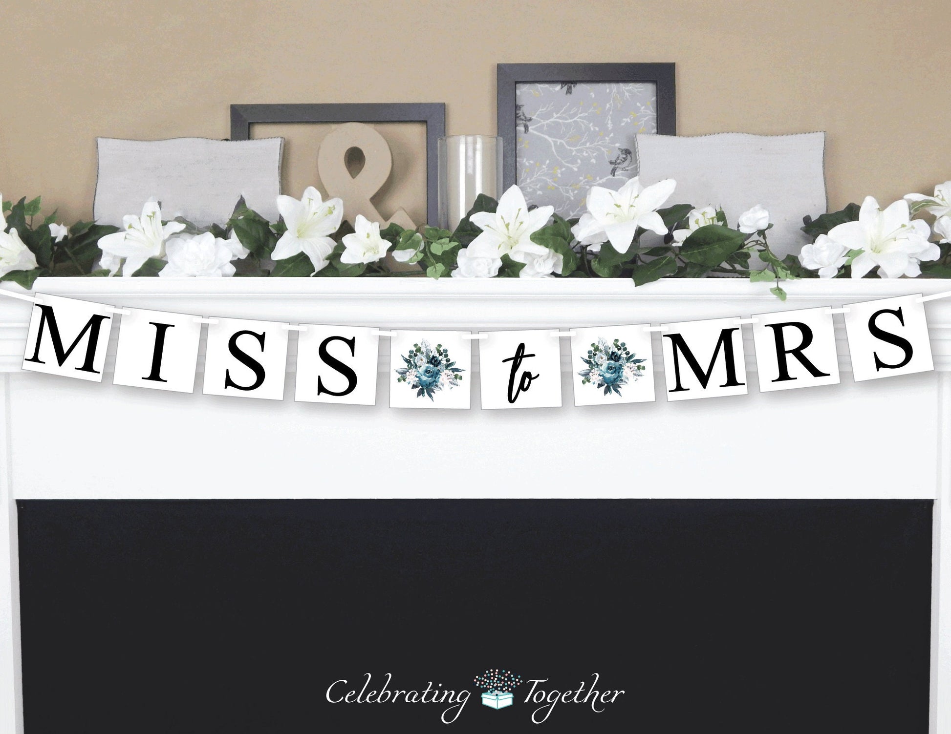 blue bridal shower banner - miss to mrs banner - floral bridal shower decor