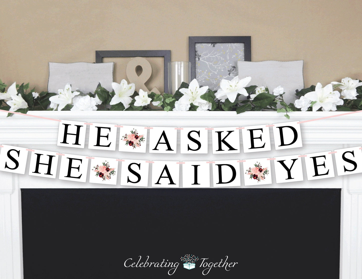 He Asked She Said Yes Banner - Coral and Maroon Watercolor Flower