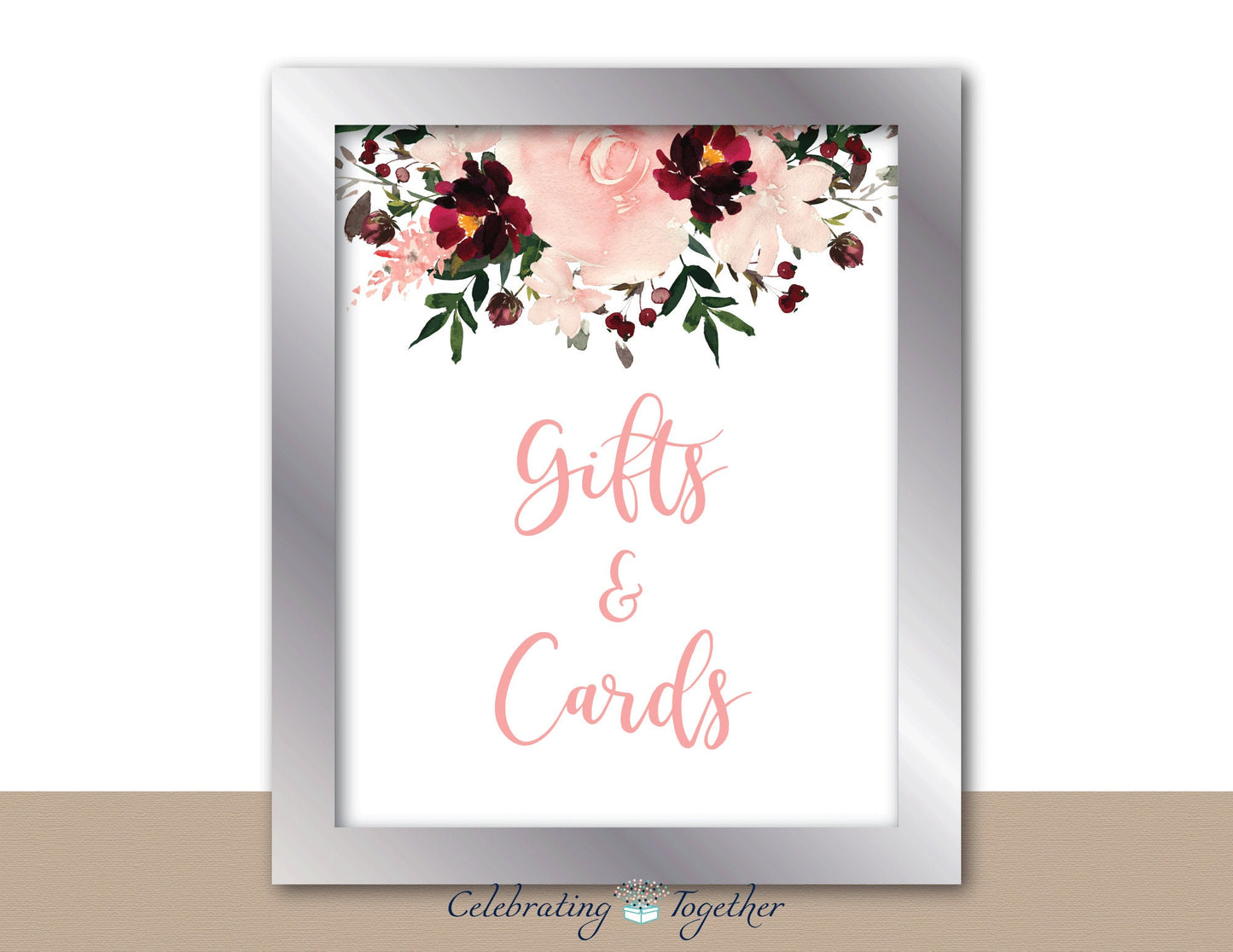 Printable Cards & Gifts Sign - Coral and Maroon Watercolor Flower
