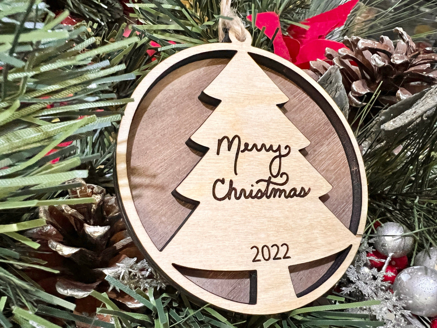 3D Merry Christmas ornament, wooden 2023 christmas ornament, custom wood established date gift, yearly Christmas keepsake, holiday decor