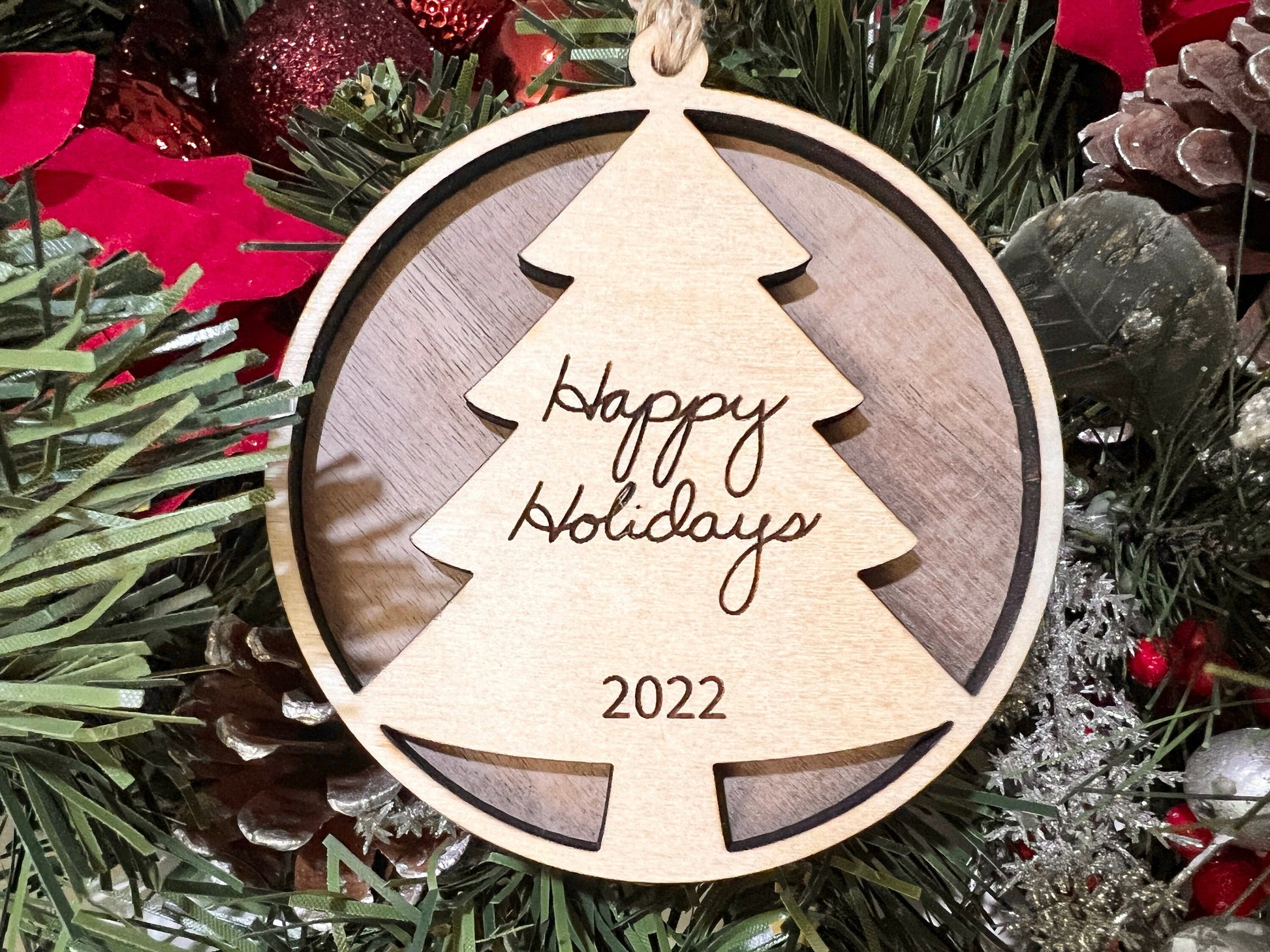 happy holidays wooden ornament