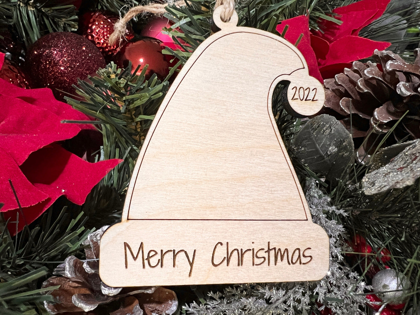 Merry Christmas Santa hat ornament, wooden 2023 christmas ornament, custom wood date office coworker gift, yearly Christmas keepsake