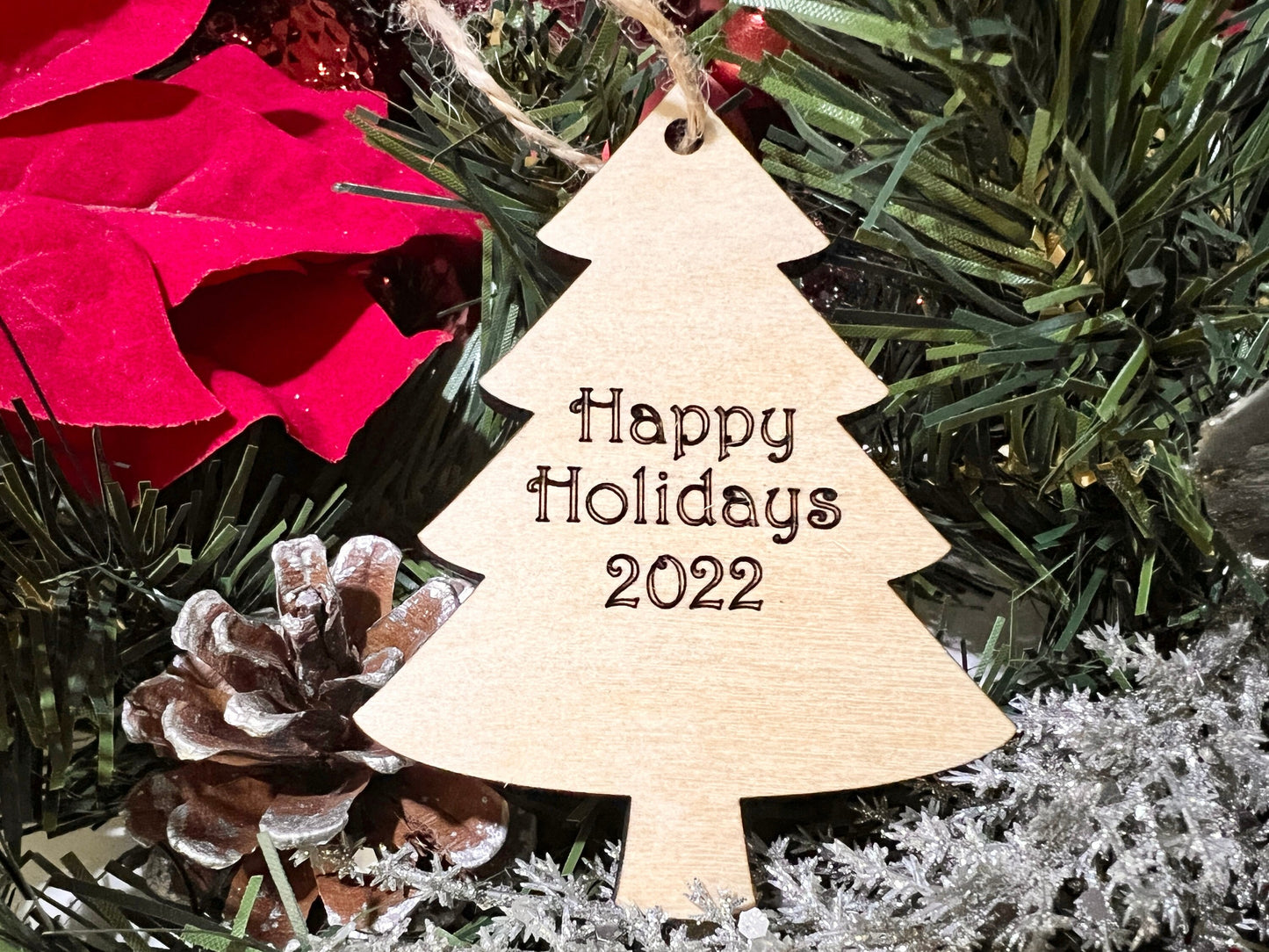 Happy Holidays Christmas tree ornament, wooden 2023 christmas ornament, custom wood date office coworker gift, yearly Christmas keepsake