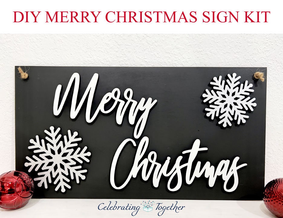 Merry Christmas sign kit, DIY holiday crafts, snowflake sign making supplies, kids craft project ideas, Christmas paint party sign bundle