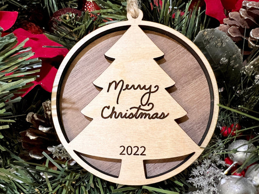 3D Merry Christmas ornament, wooden 2023 christmas ornament, custom wood established date gift, yearly Christmas keepsake, holiday decor
