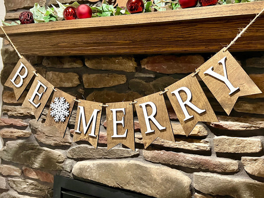 DIY KIT Wooden Be Merry Banner, wood holiday banner, rustic holiday garland, Christmas decor, fireplace mantel decor, winter bunting cutouts