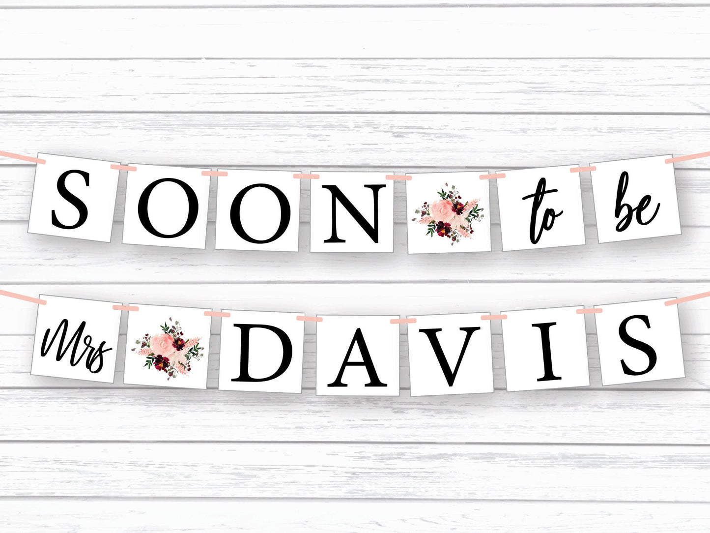 Custom name banner, coral watercolor flower bridal shower decorations, bride to be decor, bachelorette party garland, boho future mrs sign