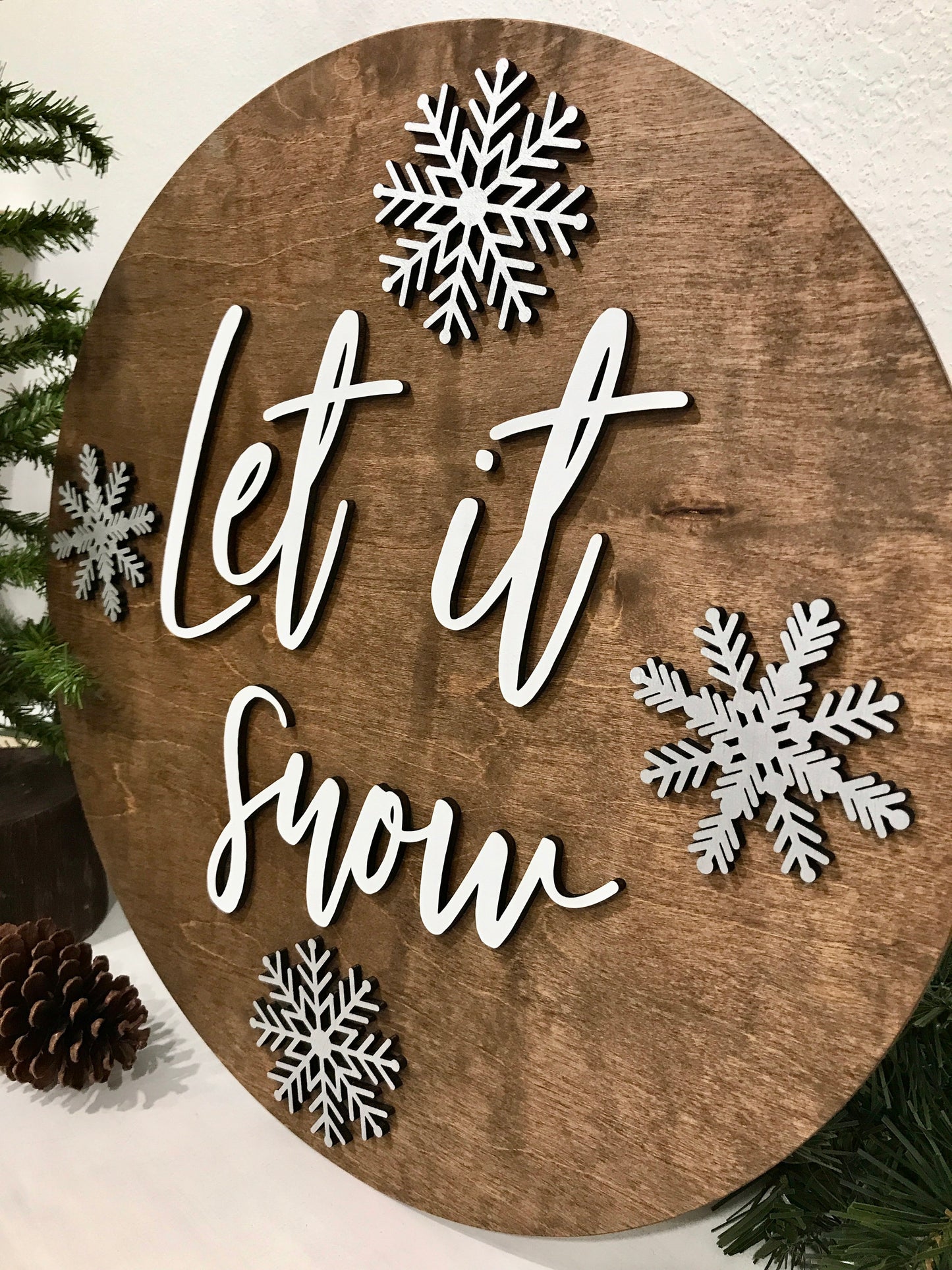 Let it snow sign, Christmas decorations, 3D holiday decor, Snowflakes wood signs, living room wooden sign wall hanging, silver mantel decor