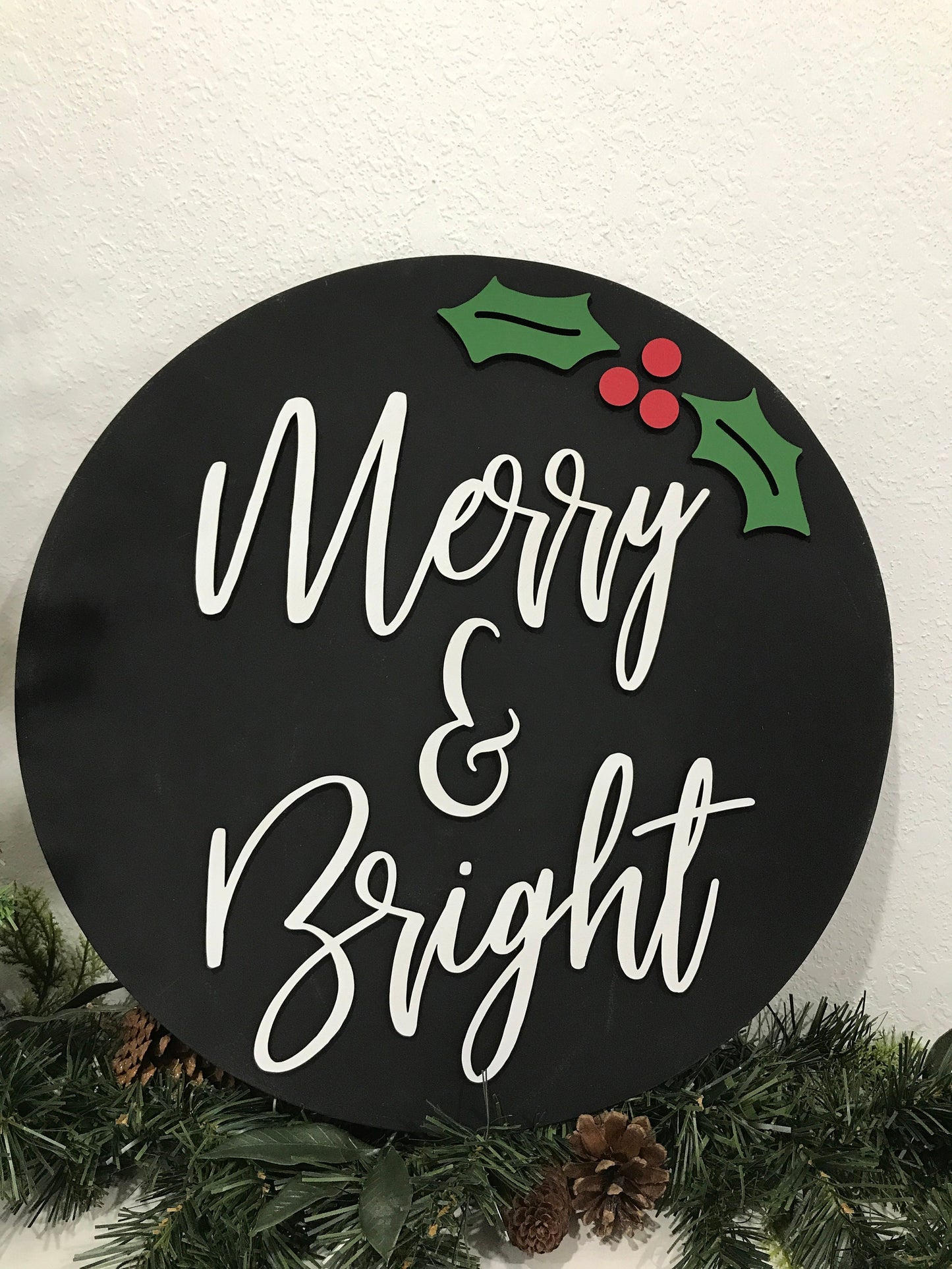 Merry & bright sign, Christmas decorations, 3D holiday decor, wood signs, living room wooden sign wall hanging, holly leaves mantel decor